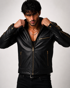 Men's Black Sheep Leather Bomber Jacket: Cropped Relaxed Fit | Daaran – close-up of leather texture and stitching