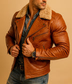 Heritage Aviator Shearling Camel Brown Leather Bomber Jacket