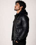 Black Sheep Leather Bomber Jacket – Detachable Hoodie | Daaran – collar and zipper detail