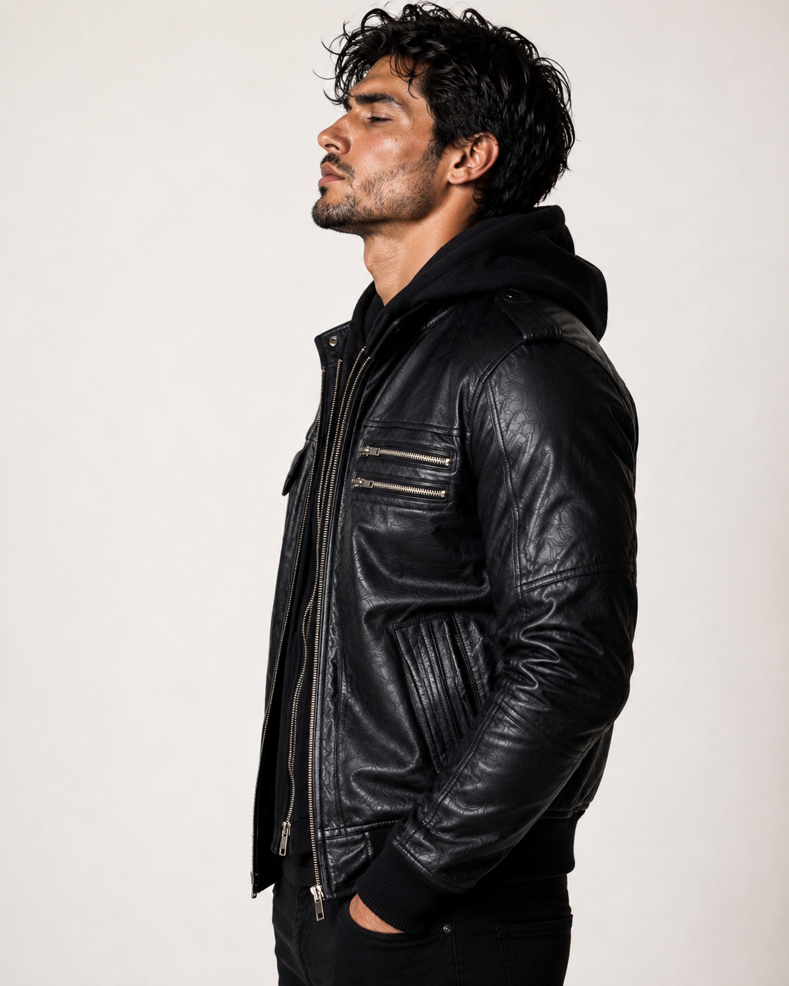 Black Sheep Leather Bomber Jacket – Detachable Hoodie | Daaran – collar and zipper detail