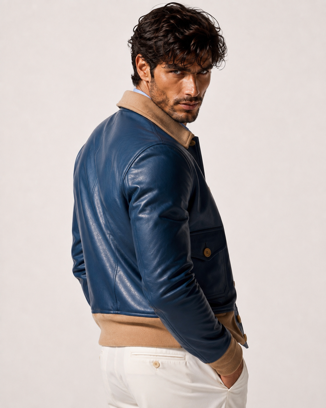 Azure Falcon Royal Blue Leather Bomber Jacket