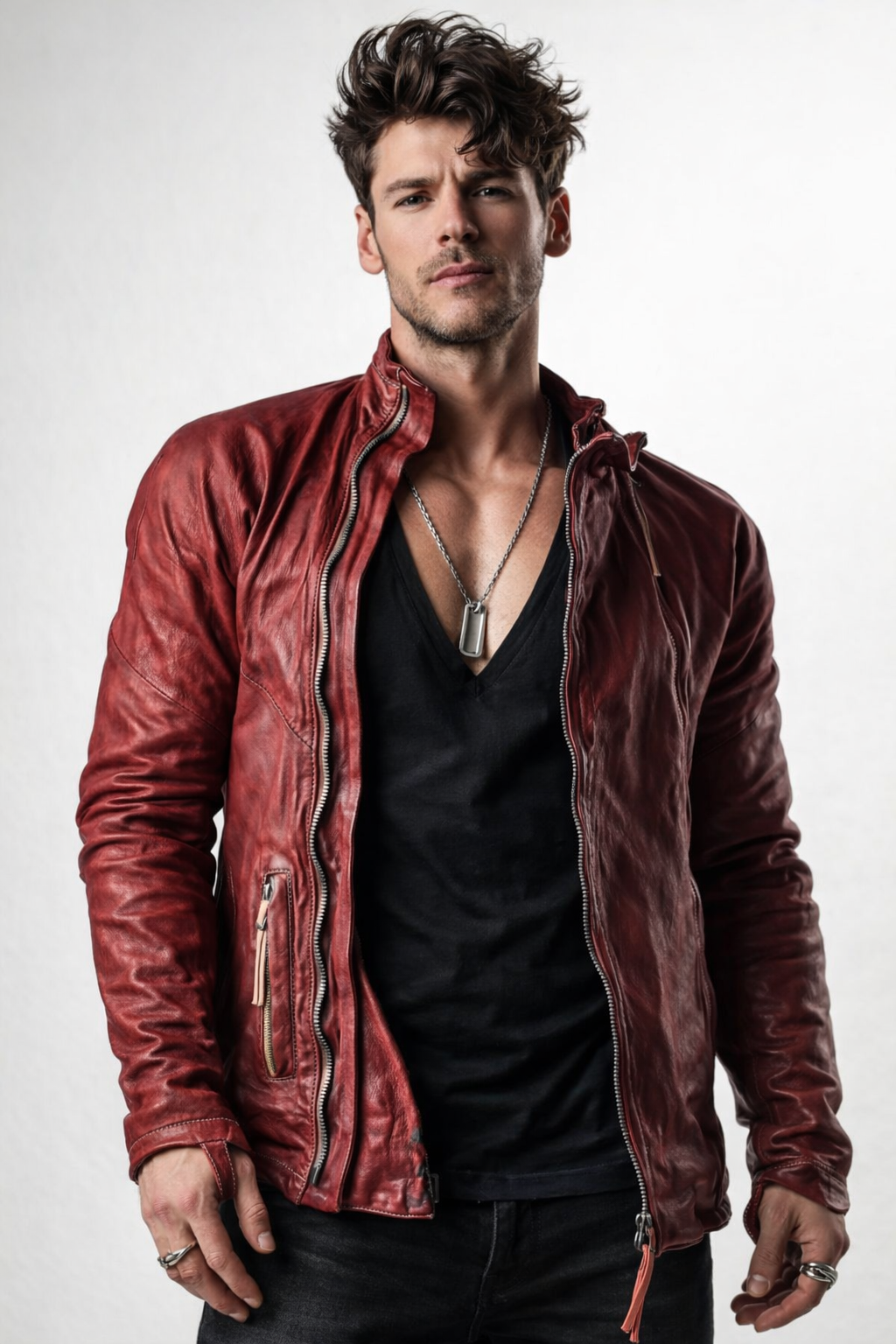 Red Distressed Moto Leather Jacket – Genuine Sheep Leather Slim Fit | Rovek by Daaran
