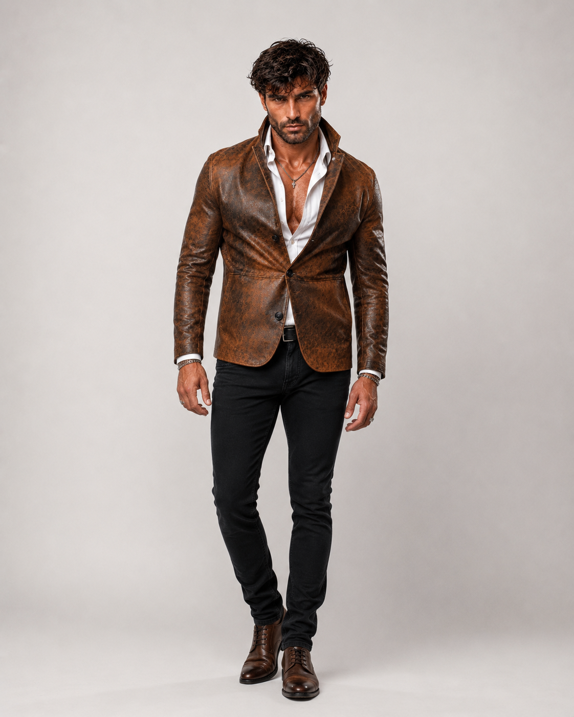 Korvane Brown Genuine Leather Blazer Jacket