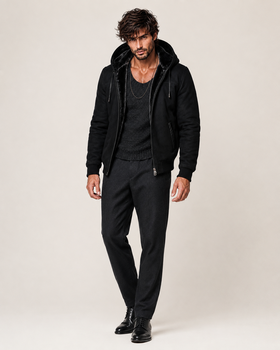 Black Suede Shearling Hoodie Jacket – Dravik