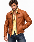 Men's Camel Cowhide Leather Moto Jacket: Slim Fit Bomber