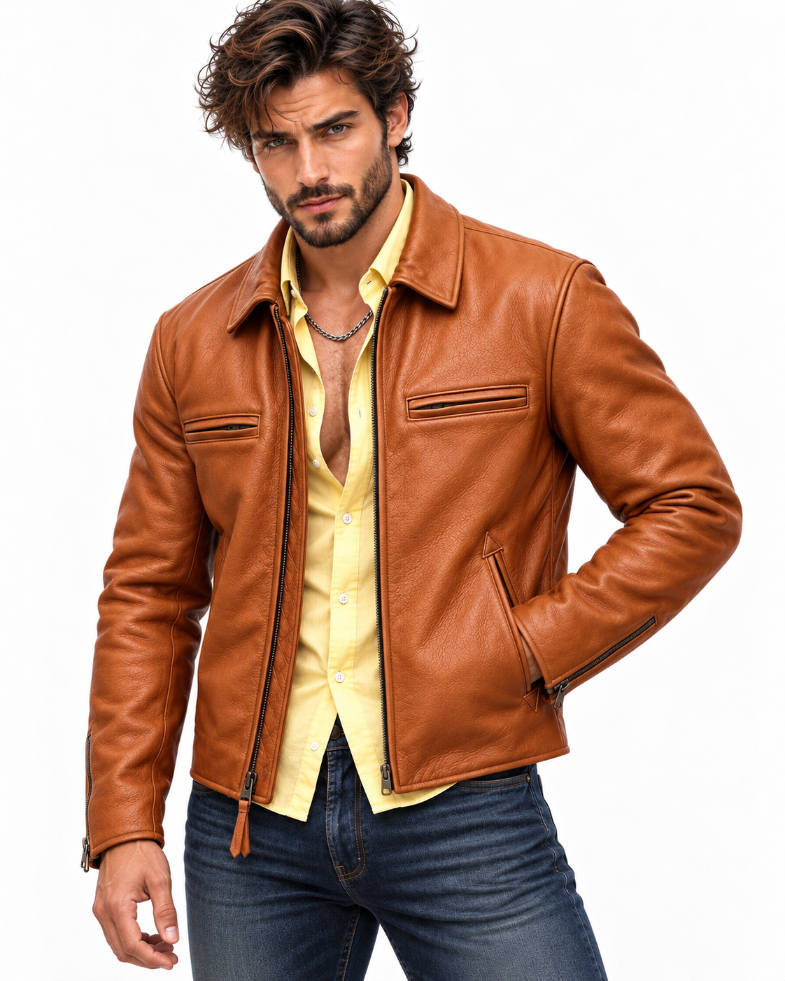 Men's Camel Cowhide Leather Moto Jacket: Slim Fit Bomber