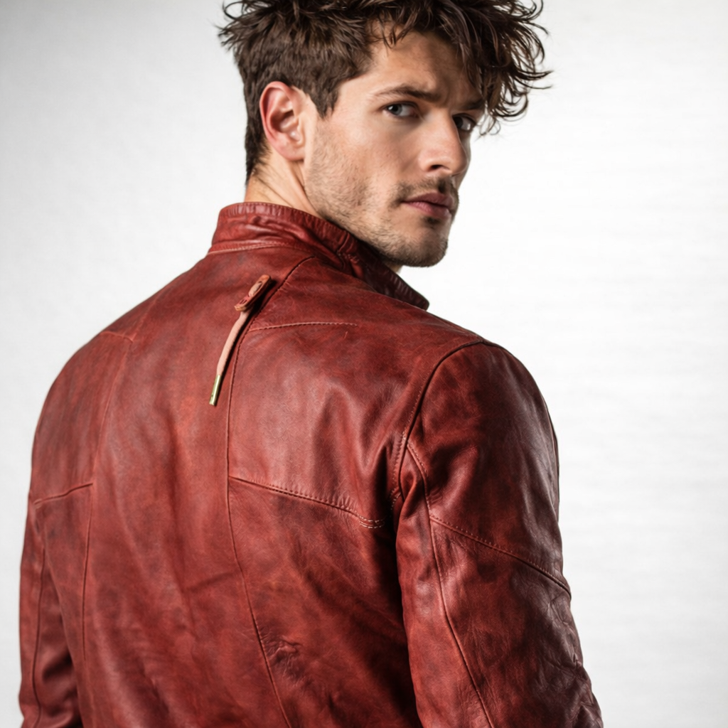 Red Distressed Moto Leather Jacket – Genuine Sheep Leather Slim Fit | Rovek by Daaran
