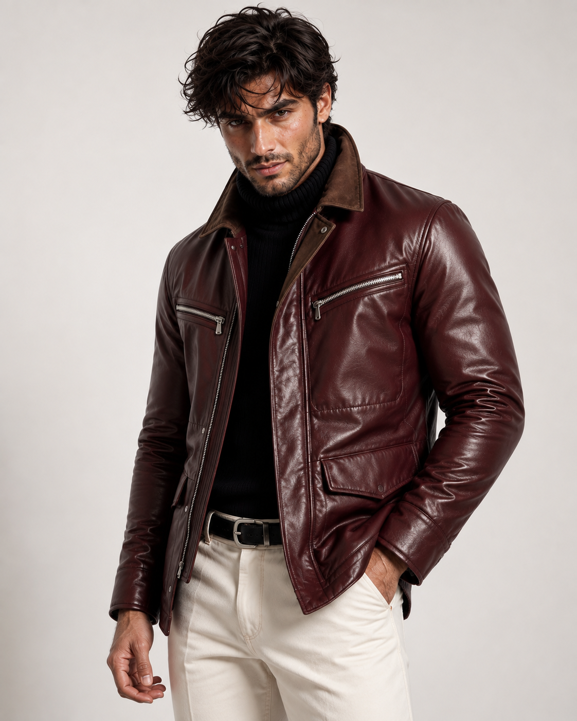 Oxblood Sheep Leather Bomber Jacket – Suede Collar