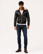 Distressed Brown Shearling Aviator Bomber Jacket