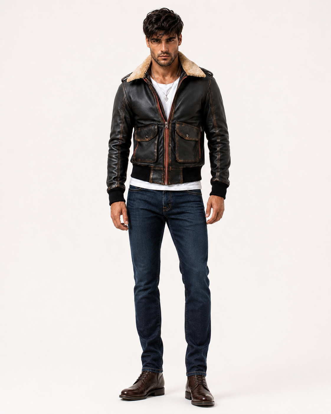 Distressed Brown Shearling Aviator Bomber Jacket