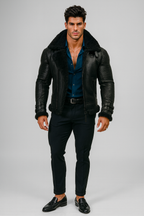 Shadow Sentinel Black Leather Aviator Jacket