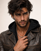 Distressed Cowhide Biker Jacket – Bronze-Black | Daaran – close-up of leather texture and stitching