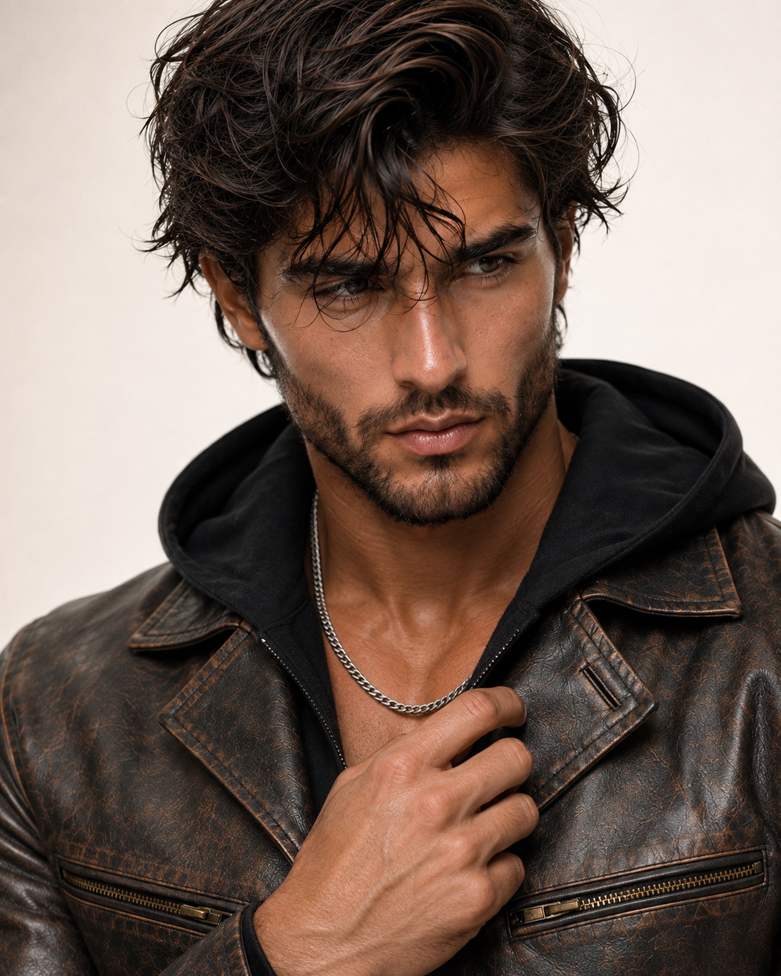 Distressed Cowhide Biker Jacket – Bronze-Black | Daaran – close-up of leather texture and stitching