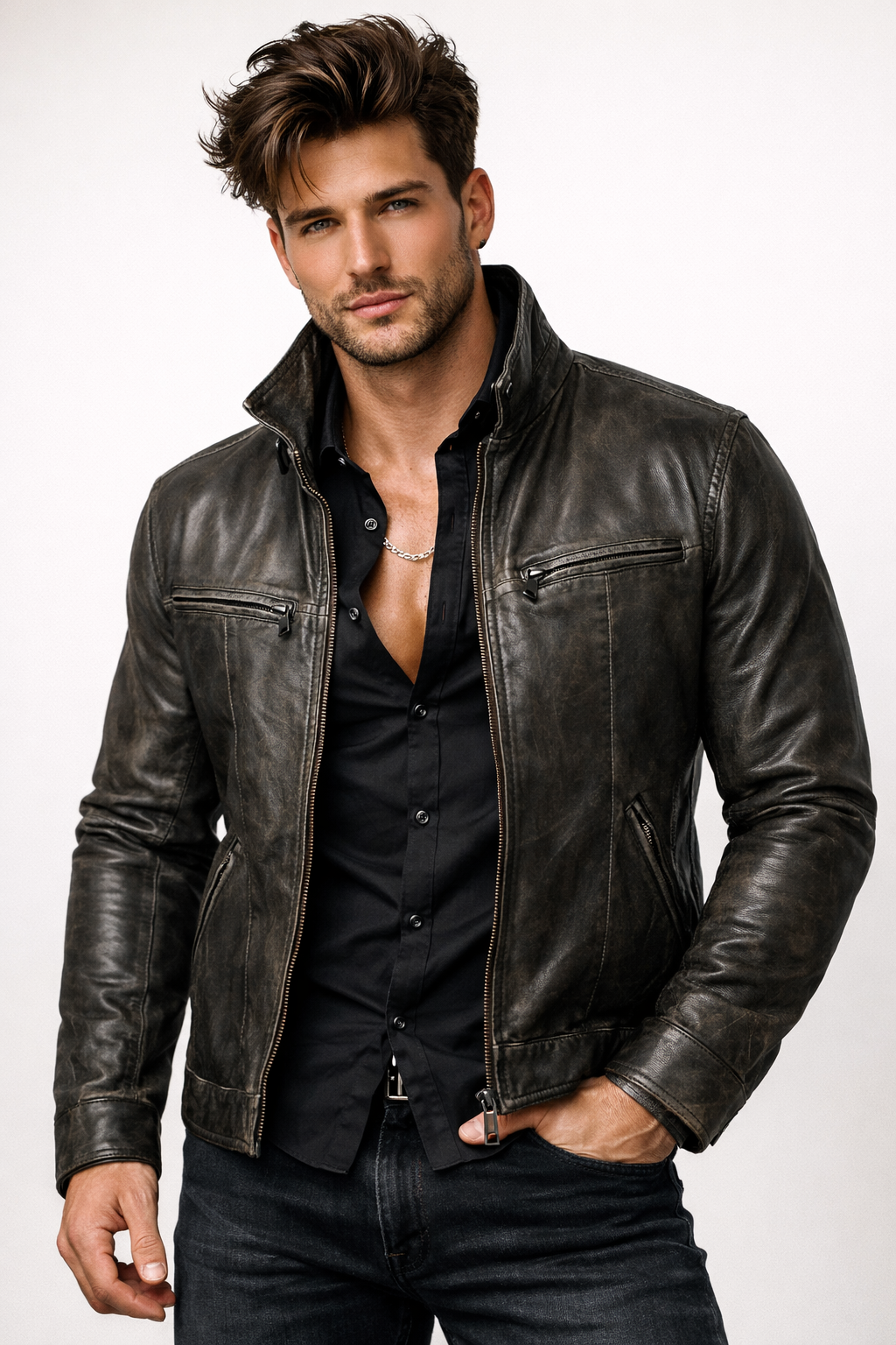 Storm Ridge Distressed Charcoal Black Leather Jacket