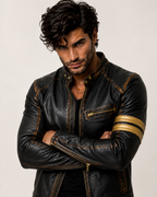 Golden Stripes Brown Leather Cafe Racer Jacket