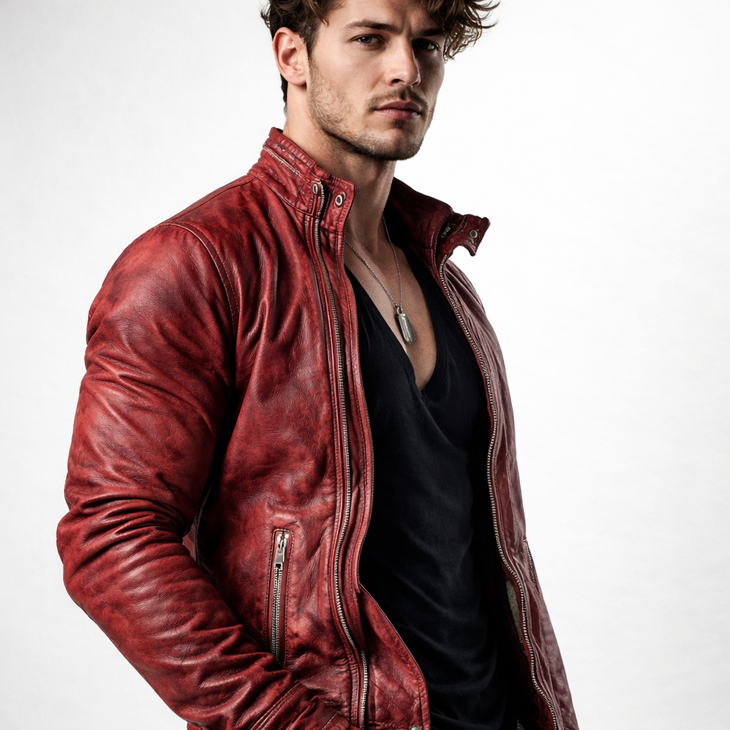 Red Distressed Moto Leather Jacket – Genuine Sheep Leather Slim Fit | Rovek by Daaran