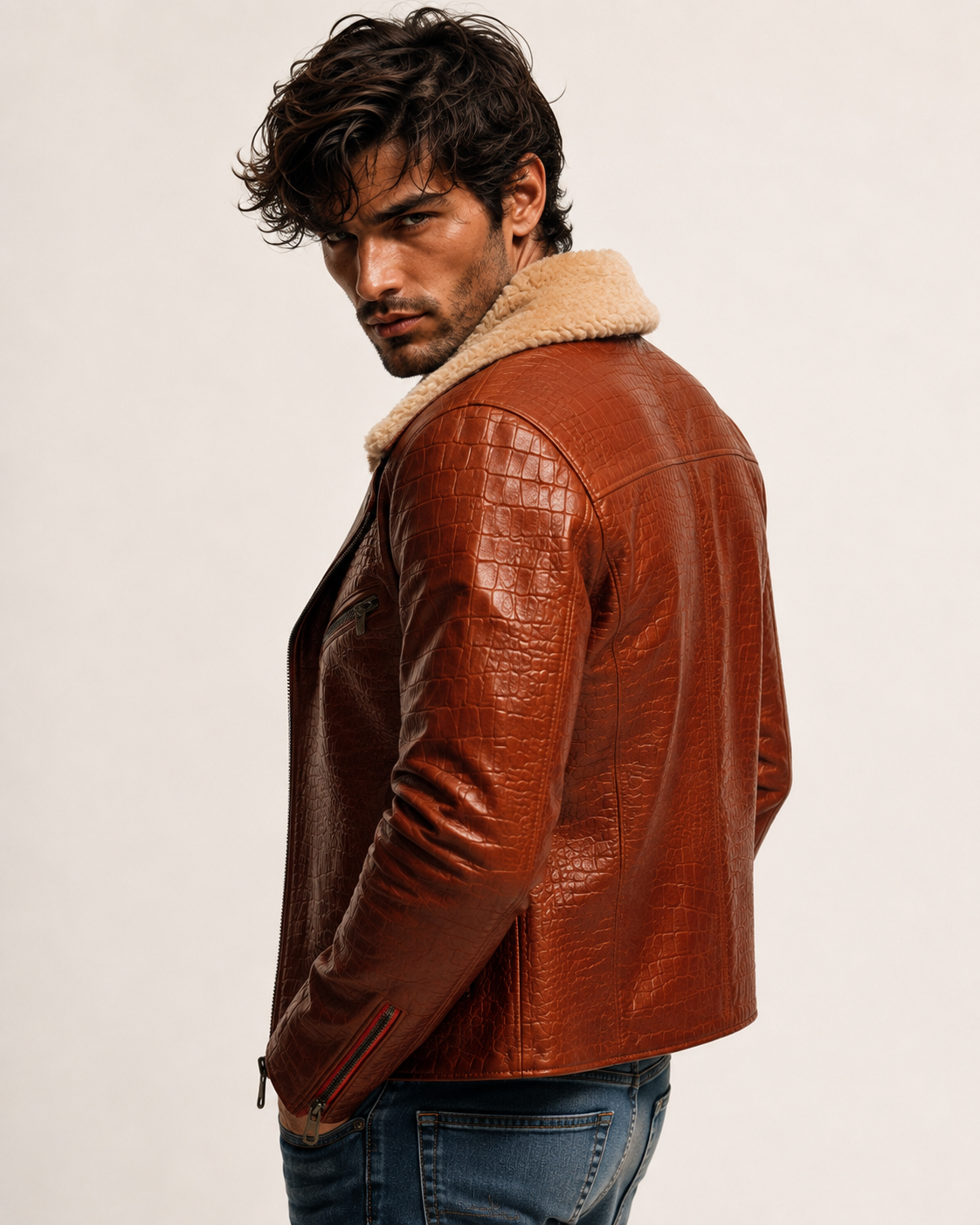 Heritage Aviator Shearling Camel Brown Leather Bomber Jacket
