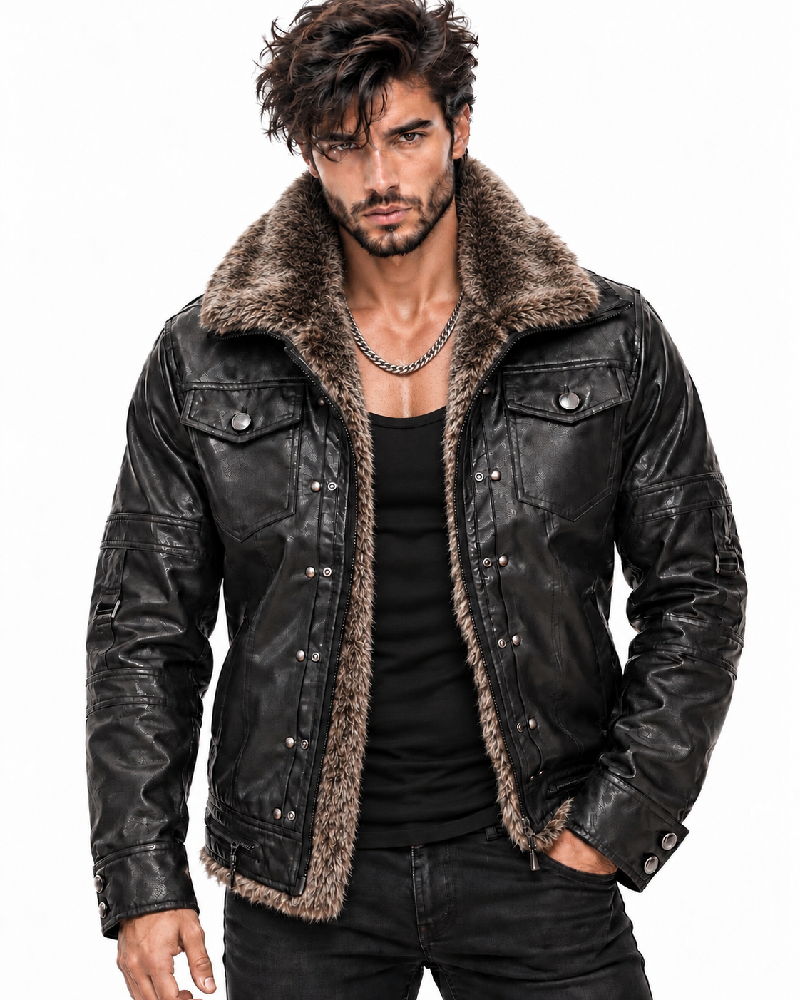 Black Fur Collar Leather Jacket
