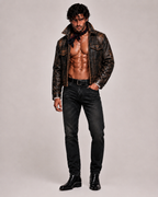 Distressed Brown Trucker Jacket – Daaran Rustell – flat lay view