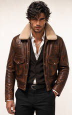 Distressed Brown Shearling Trucker Jacket – Daaran Maverick – front view