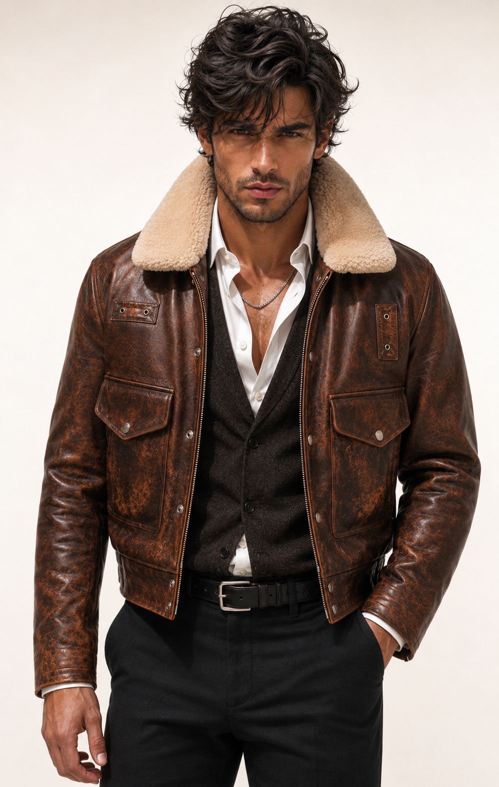 Distressed Brown Shearling Trucker Jacket – Daaran Maverick – front view