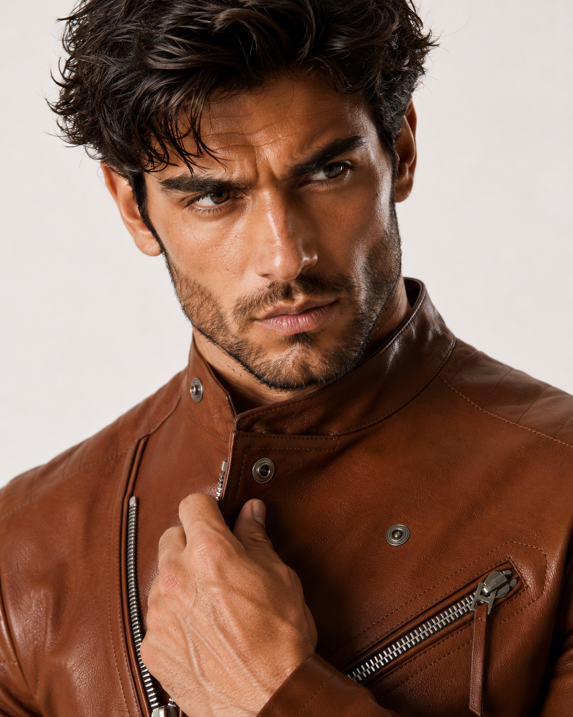 Copper Hawk Cognac Brown Leather Biker Jacket