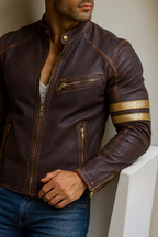 Golden Stripes Brown Leather Cafe Racer Jacket