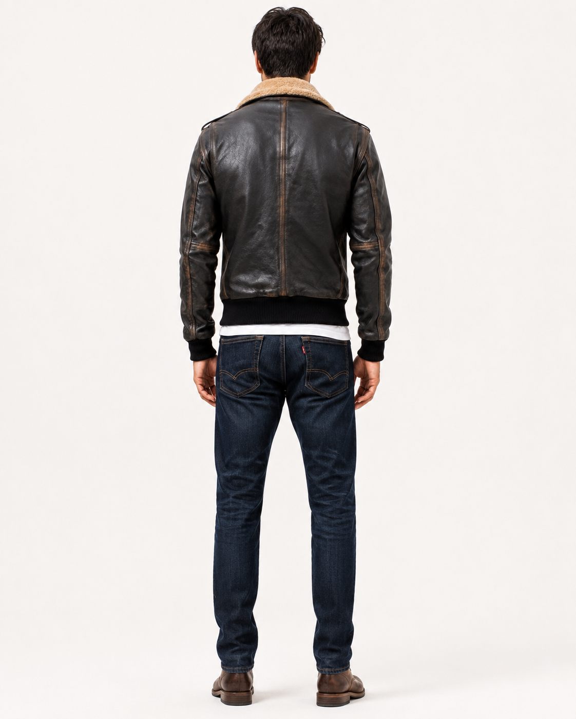 Distressed Brown Shearling Aviator Bomber Jacket