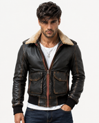 Distressed Brown Shearling Aviator Bomber Jacket