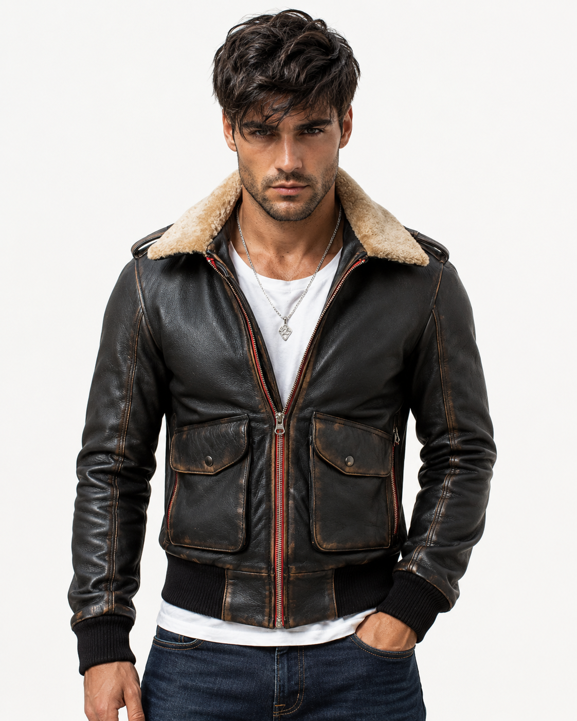 Distressed Brown Shearling Aviator Bomber Jacket