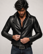 Noir Venom Black Leather Biker Jacket | Daaran – collar and zipper detail