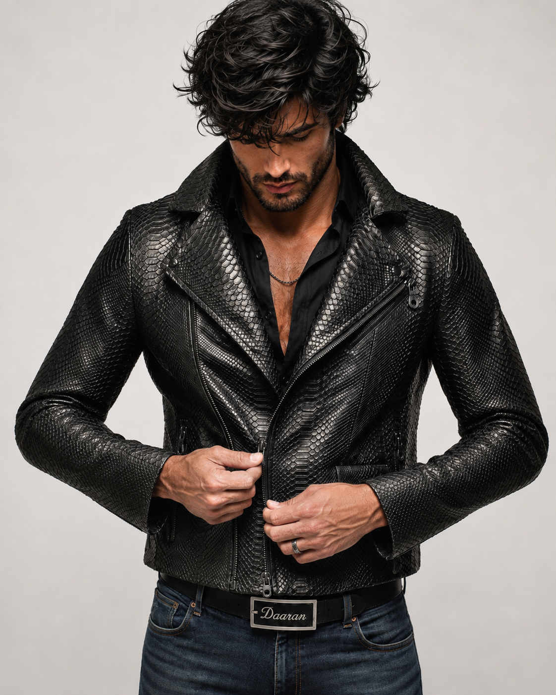 Noir Venom Black Leather Biker Jacket | Daaran – collar and zipper detail