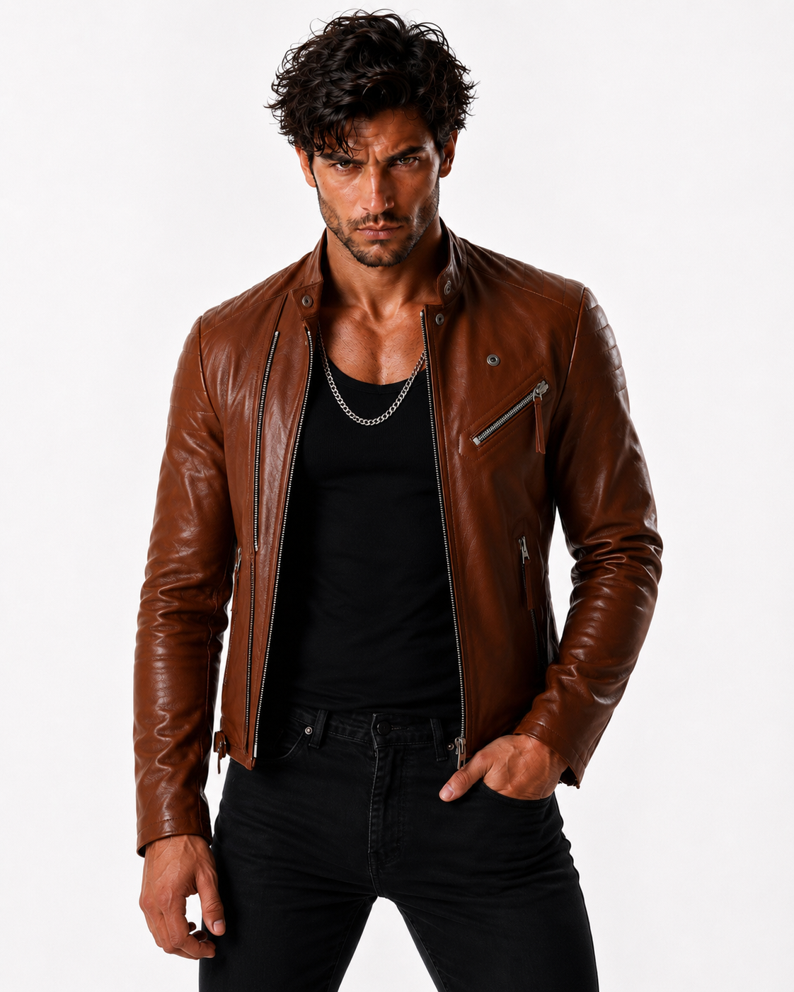 Copper Hawk Cognac Brown Leather Biker Jacket