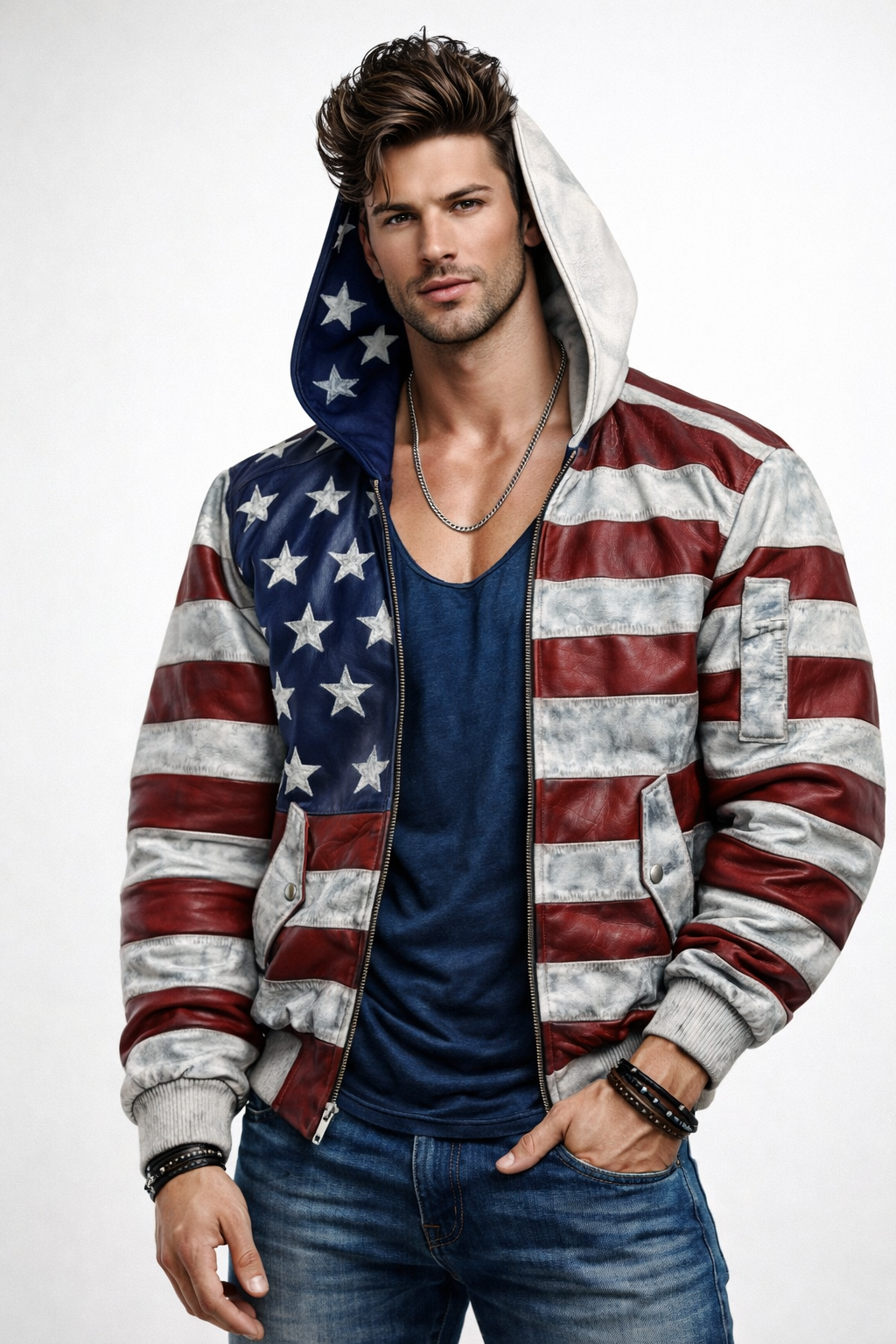 Men’s Distressed Sheep Leather Bomber Jacket – Vintage Flag | Daaran Keaton