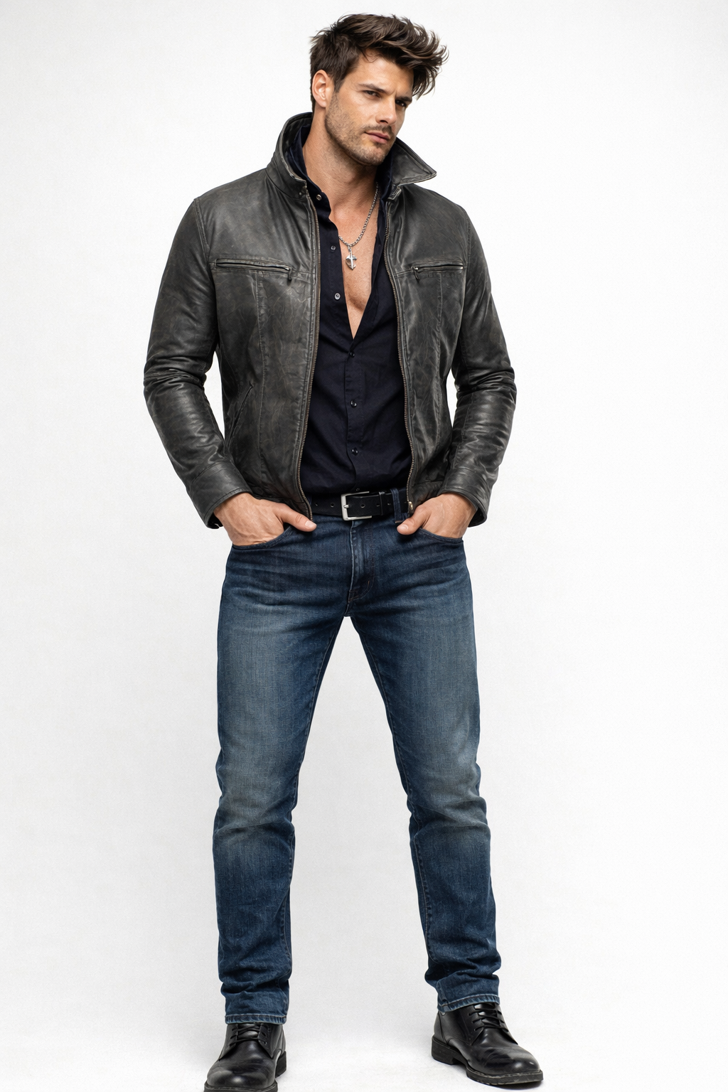 Storm Ridge Distressed Charcoal Black Leather Jacket