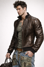 Men’s Brown Croc Embossed Sheep Leather Bomber Jacket – Daaran Sable