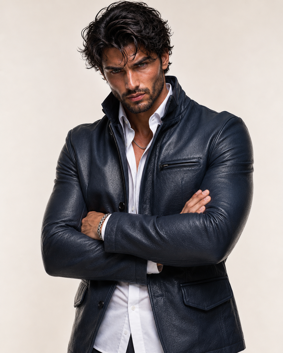 Daaran Vareno Navy Blue Leather Stand-Collar Jacket