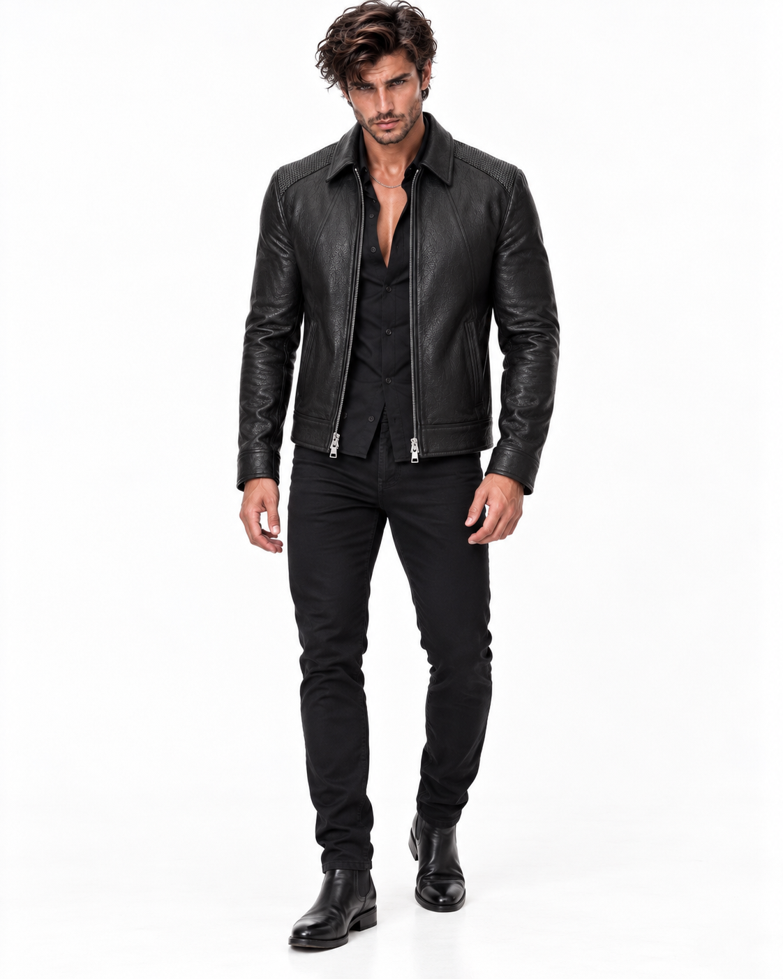 Black Cowhide Leather Bomber Jacket – Slim Fit Moto