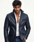 Daaran Vareno Navy Blue Leather Stand-Collar Jacket