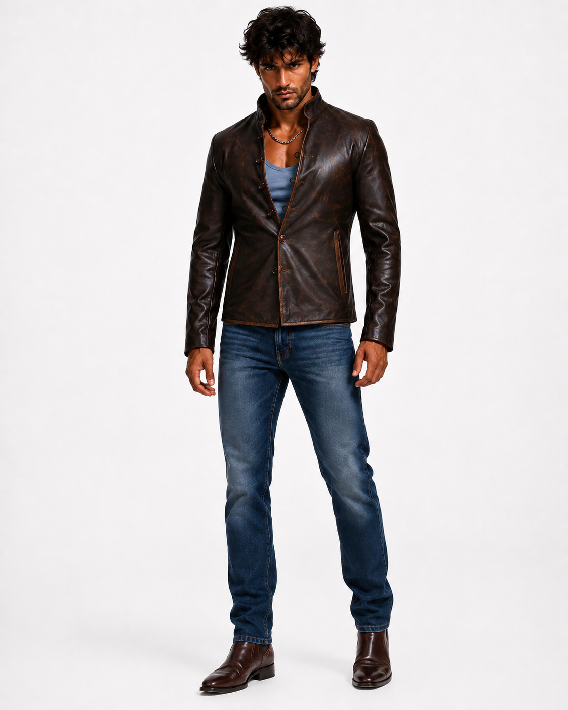 Men's Distressed Brown Mandarin Collar Leather Jacket | Daaran – sleeve and cuff detail
