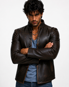Men's Distressed Brown Mandarin Collar Leather Jacket | Daaran – side profile view