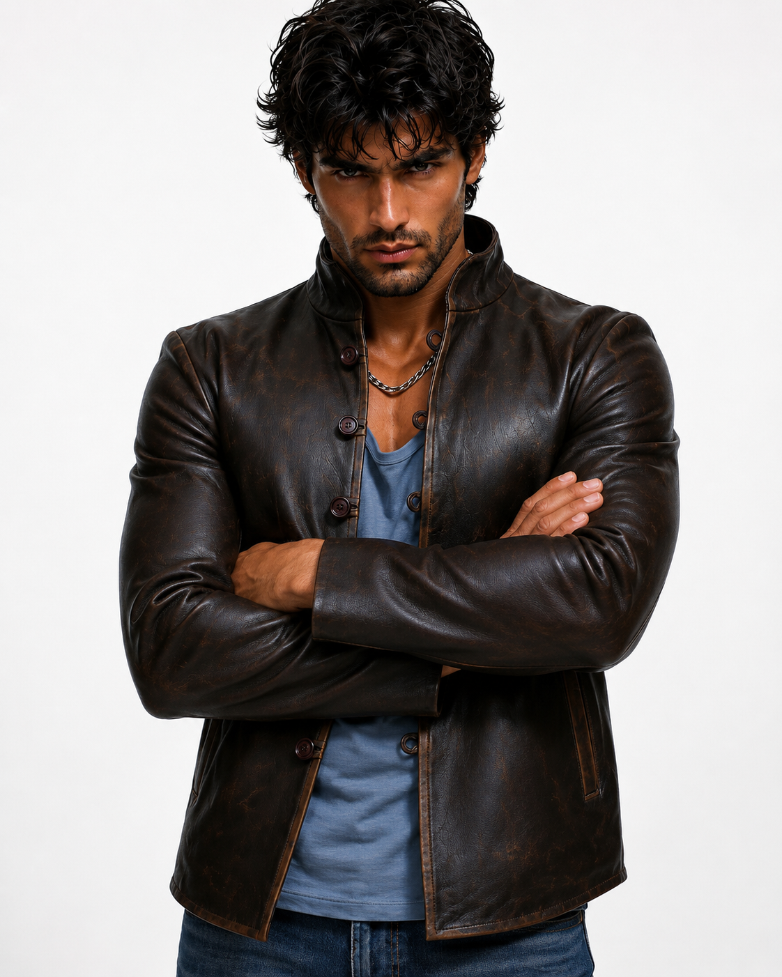 Men's Distressed Brown Mandarin Collar Leather Jacket | Daaran – side profile view