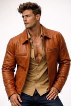 Men’s Camel Cowhide Leather Jacket – Slim Fit Moto Cafe Racer Jacket