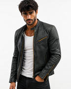 Distressed Green Sheep Leather Biker Jacket