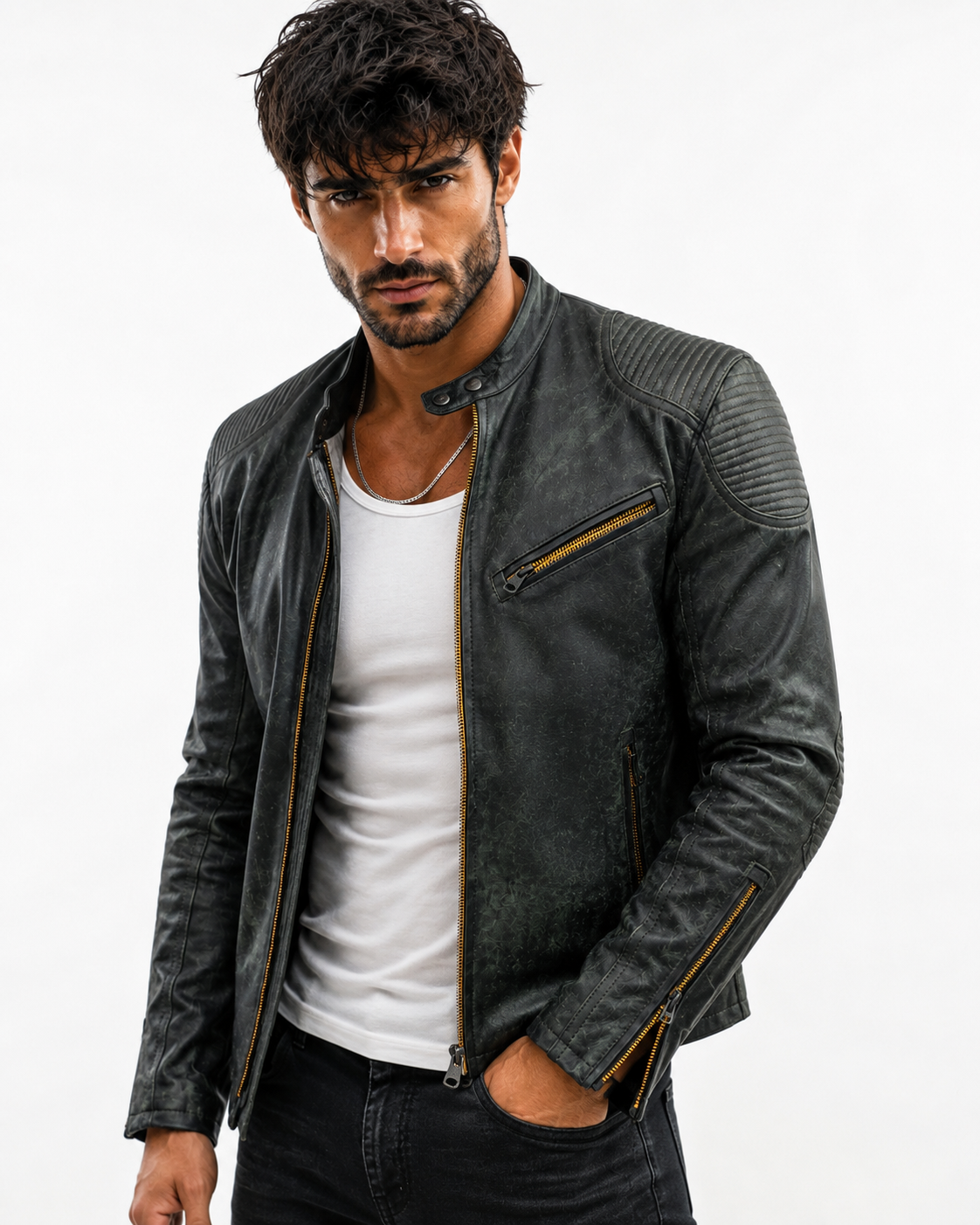 Distressed Green Sheep Leather Biker Jacket