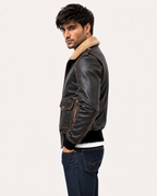 Distressed Brown Shearling Aviator Bomber Jacket