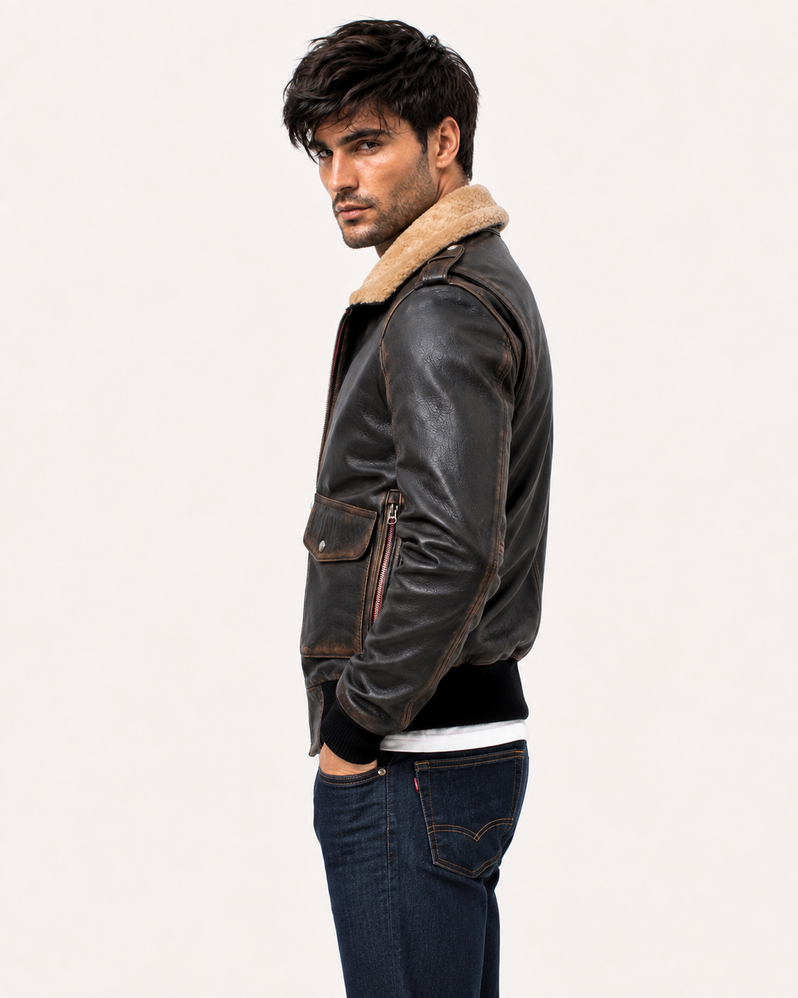 Distressed Brown Shearling Aviator Bomber Jacket