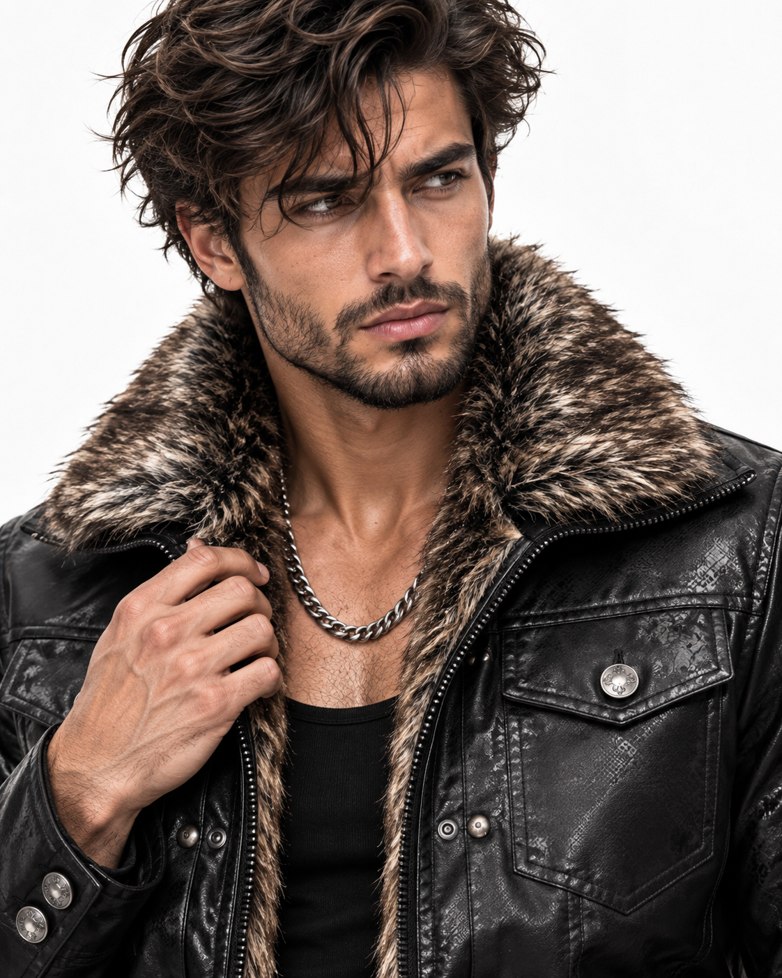 Black Fur Collar Leather Jacket