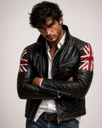 Union Jack Black Leather Café Racer Jacket | Daaran – close-up of leather texture and stitching