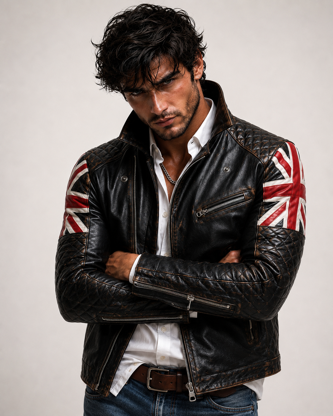 Union Jack Black Leather Café Racer Jacket | Daaran – close-up of leather texture and stitching